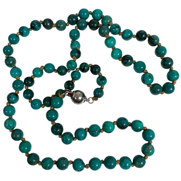 Round Turquoise Beaded Necklace w/ Brown Thread Knotted Accents, Silver Clasp - Picture 1 of 4